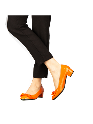Pantofi cu toc gros, Pantofi dama cu toc portocalii din piele ecologica Turni - Kalapod.net